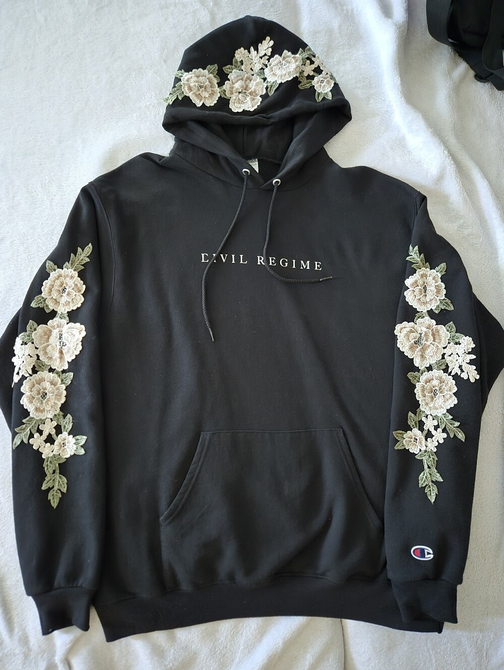 Civil Regime Black Champion Roses Hoodie with Cream Floral Embroidery. UNISEX